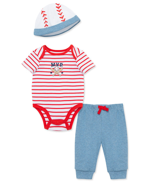 Little Me Blue/Red Baseball Bodysuit, Pant and Hat Set