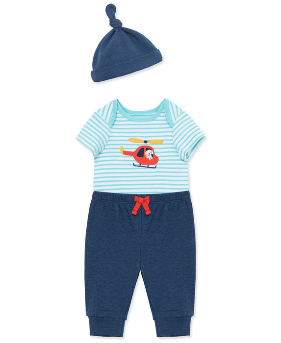 Little Me Blue Helicopter Bodysuit, Pant and Hat Set