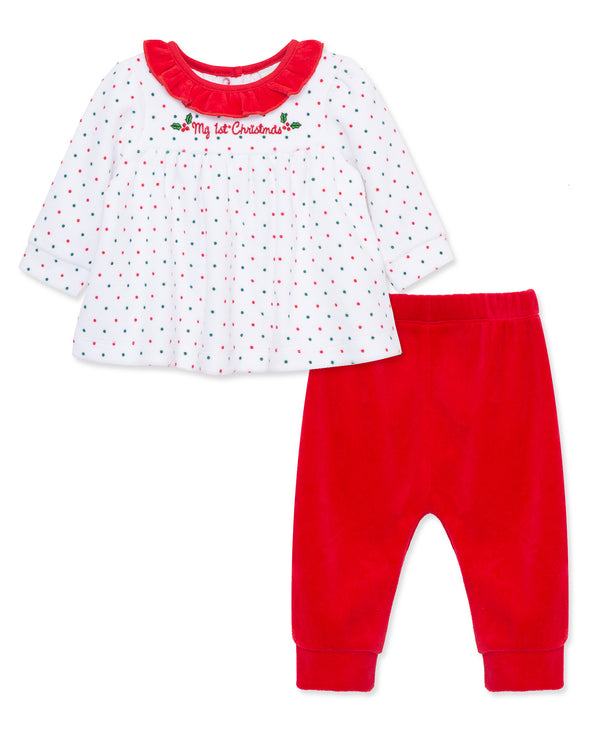 Little Me Holly Dot Velour Pant Set