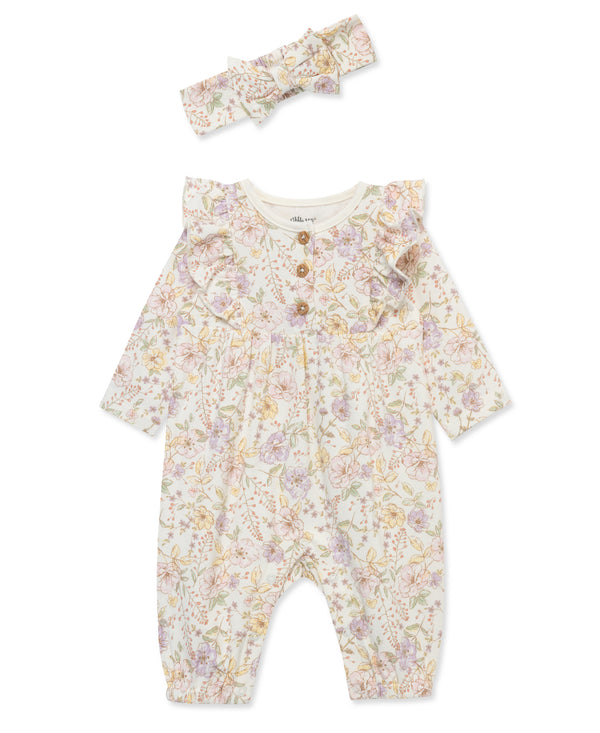 Little Me Soft Floral Jumpsuit with Headband