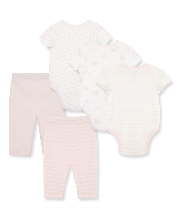 Little Me 5 Piece Bodysuit Pant Set - Pink
