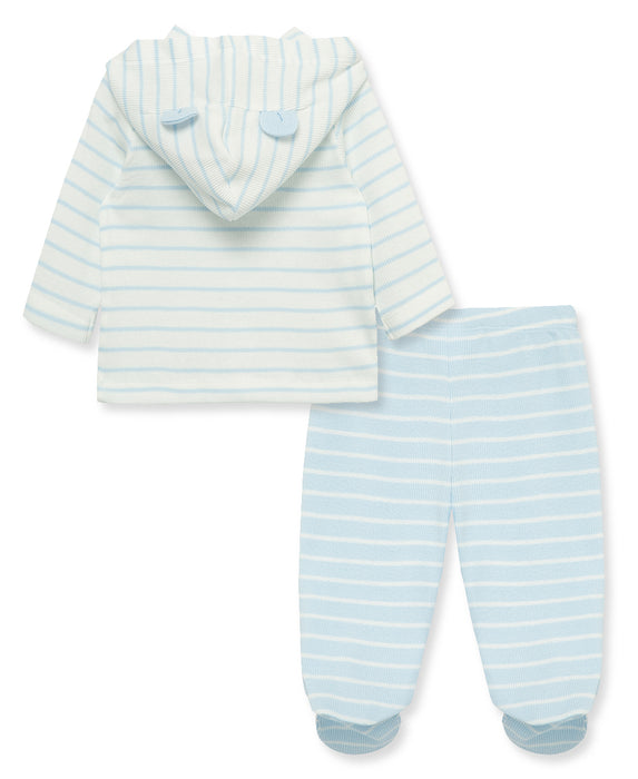 Little Me 2 Piece Hooded Cardigan Set with Footed Bottom - Blue
