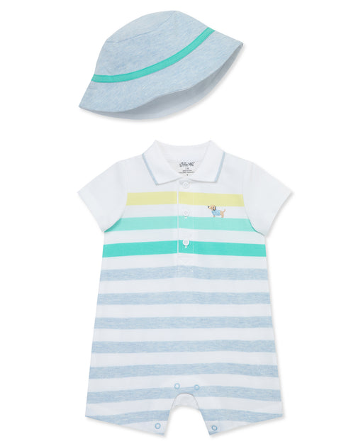 Little Me White/Blue Striped Romper with Hat