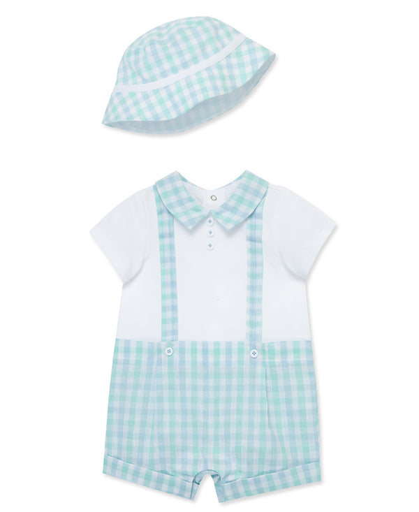 Little Me Blue Plaid Romper with Hat