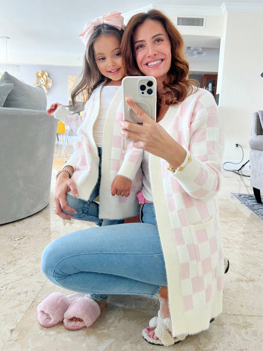 Mia Belle Girls Mommy and Me Checkered Charm Pink Cardigan
