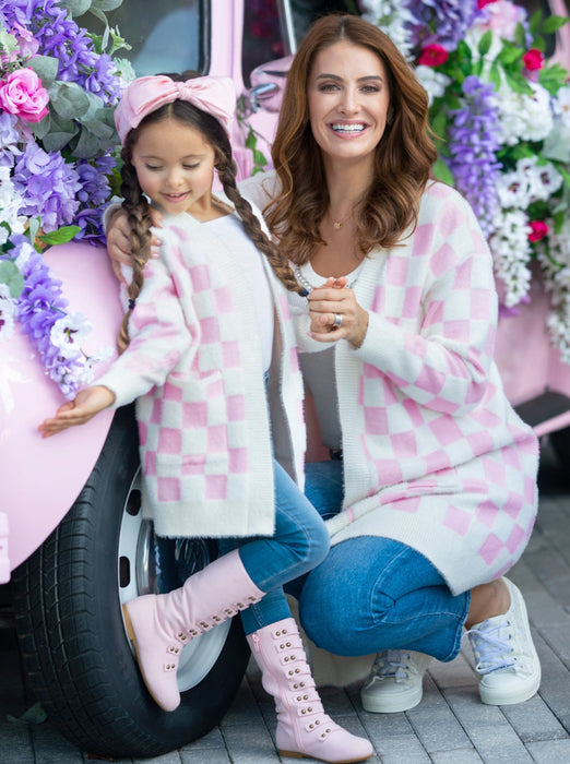 Mia Belle Girls Mommy and Me Checkered Charm Pink Cardigan