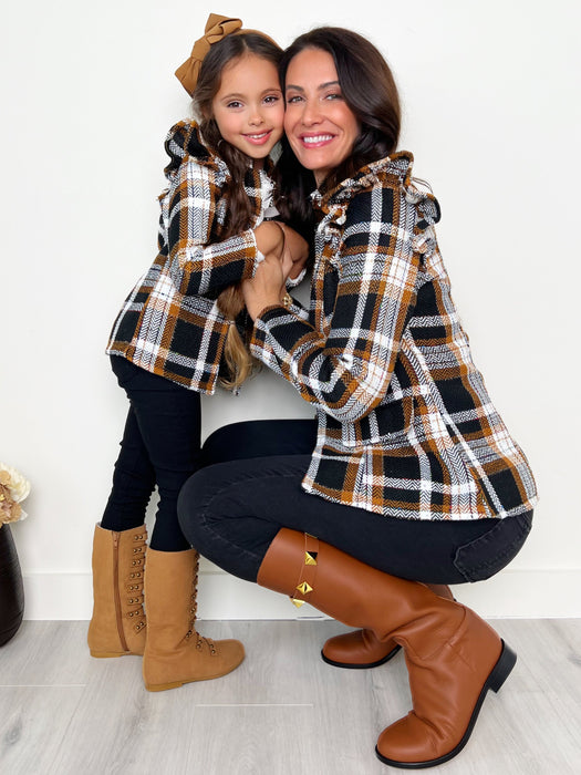 Mia Belle Girls Mommy and Me Plaid Ruffled Bomber Jacket