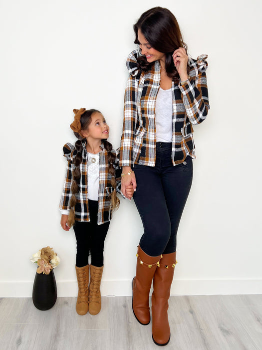 Mia Belle Girls Mommy and Me Plaid Ruffled Bomber Jacket