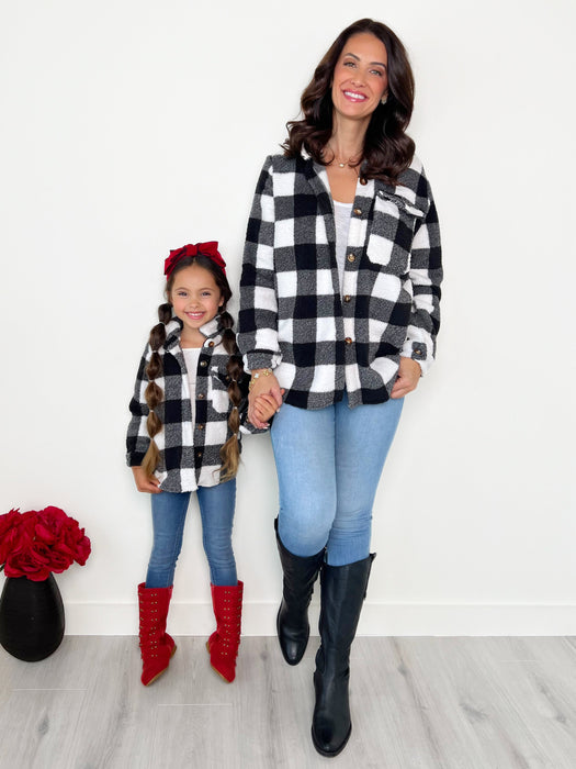 Mia Belle Girls Mommy and Me Black and White Buffalo Plaid Sherpa Shacket