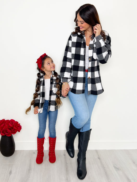 Mia Belle Girls Mommy and Me Black and White Buffalo Plaid Sherpa Shacket