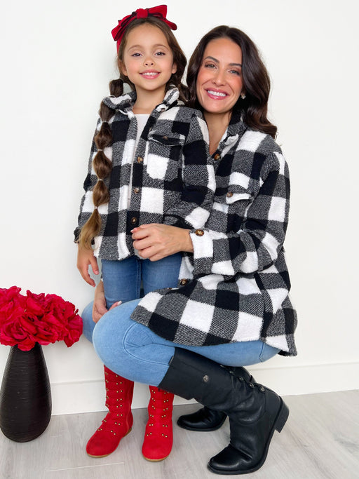 Mia Belle Girls Mommy and Me Black and White Buffalo Plaid Sherpa Shacket
