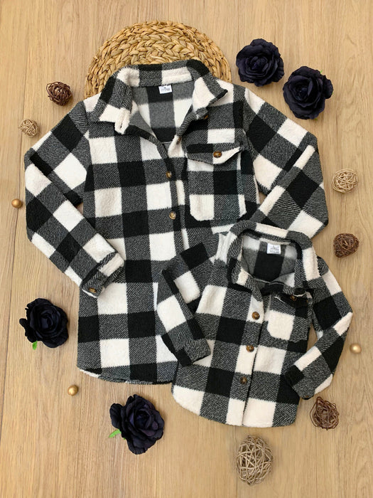 Mia Belle Girls Mommy and Me Black and White Buffalo Plaid Sherpa Shacket