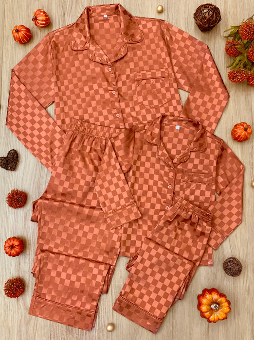 Mia Belle Girls Mommy and Me Pumpkin Spice Checkered Silk Pajamas