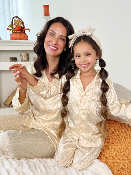 Mia Belle Girls Mommy and Me Cream Leopard Print Silk Pajama Set