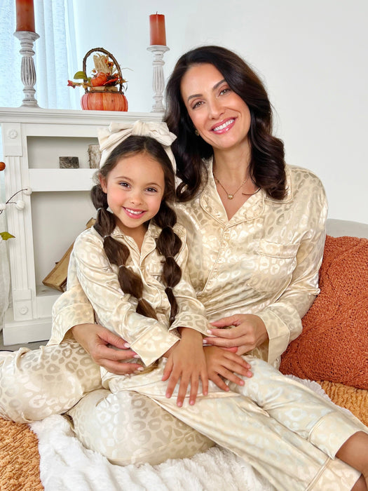 Mia Belle Girls Mommy and Me Cream Leopard Print Silk Pajama Set