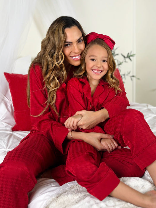 Mia Belle Girls Mommy and Me Red Houndstooth Silk Pajama Set