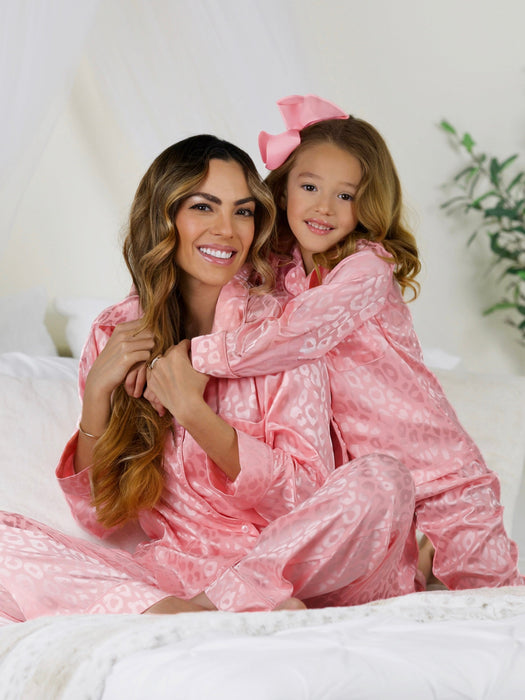 Mia Belle Girls Mommy and Me Pink Leopard Print Silk Pajama Set