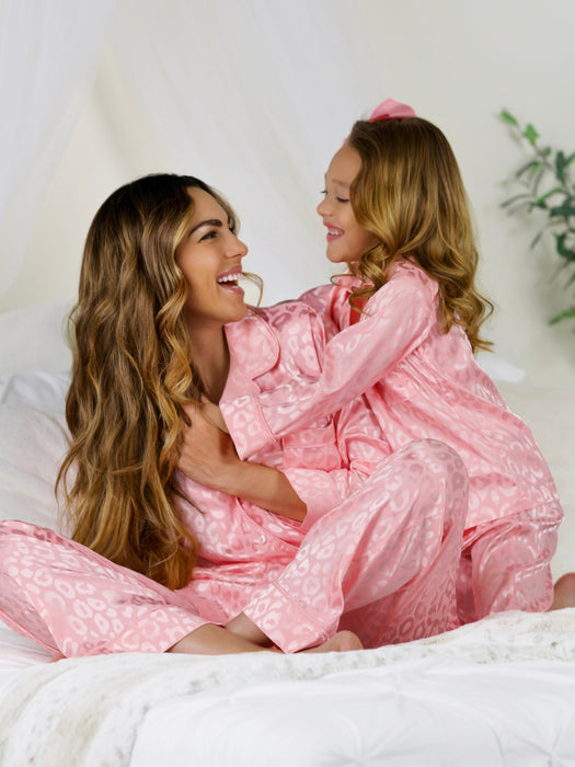 Mia Belle Girls Mommy and Me Pink Leopard Print Silk Pajama Set