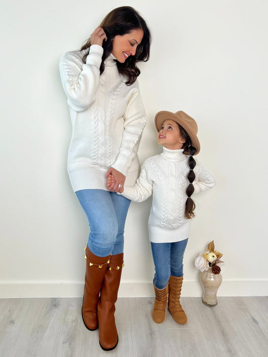 Mia Belle Girls Mommy and Me Cream Oversized Cable Knit Sweater