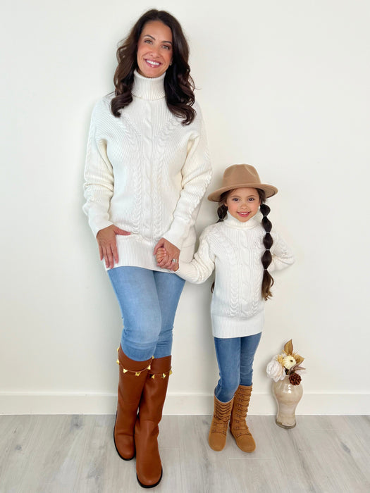 Mia Belle Girls Mommy and Me Cream Oversized Cable Knit Sweater