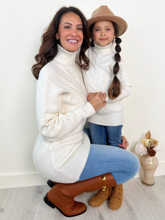 Mia Belle Girls Mommy and Me Cream Oversized Cable Knit Sweater