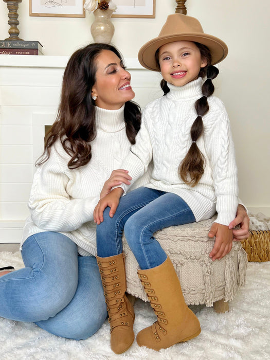 Mia Belle Girls Mommy and Me Cream Oversized Cable Knit Sweater