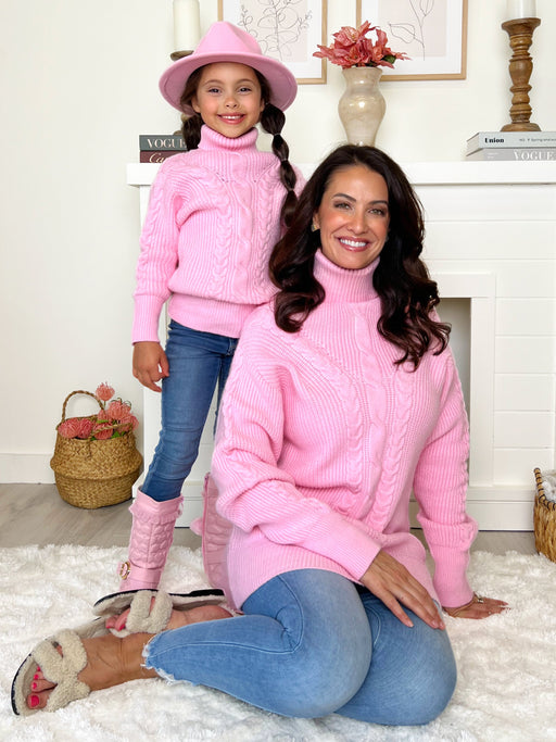 Mia Belle Girls Mommy and Me Pink Oversized Cable Knit Sweater