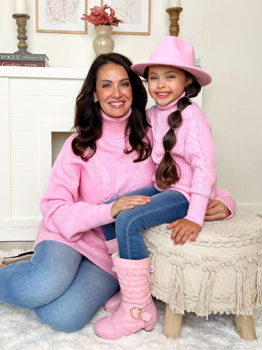 Mia Belle Girls Mommy and Me Pink Oversized Cable Knit Sweater