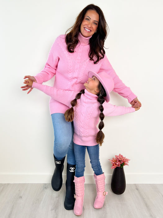 Mia Belle Girls Mommy and Me Pink Oversized Cable Knit Sweater