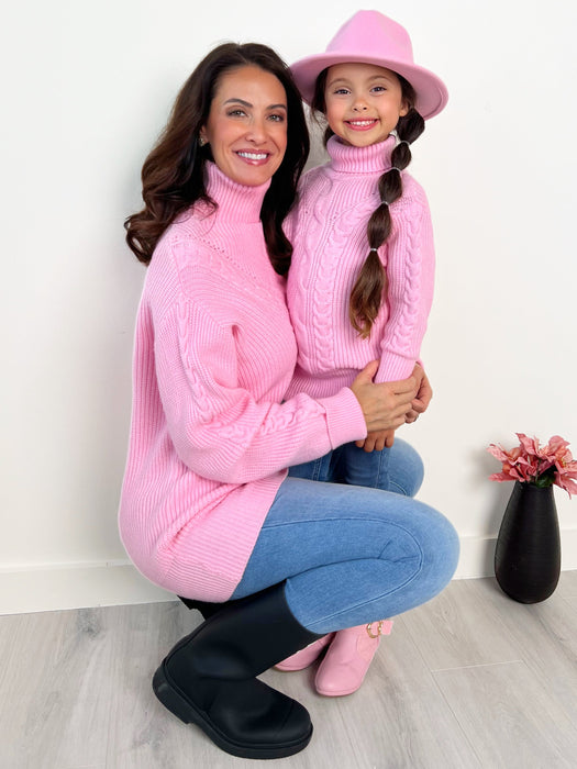 Mia Belle Girls Mommy and Me Pink Oversized Cable Knit Sweater