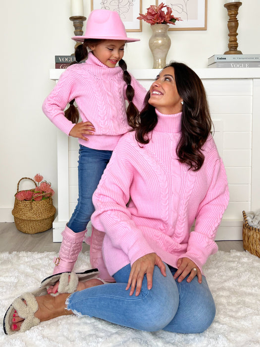 Mia Belle Girls Mommy and Me Pink Oversized Cable Knit Sweater