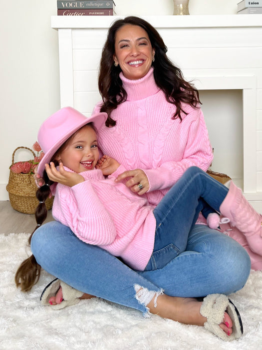 Mia Belle Girls Mommy and Me Pink Oversized Cable Knit Sweater