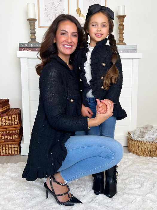 Mia Belle Girls Mommy and Me Classy Duo Black Blazer Ruffle Cardigan