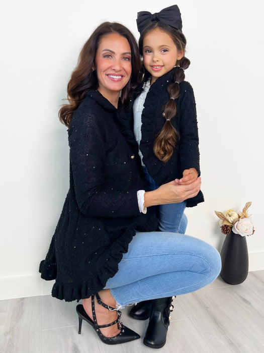 Mia Belle Girls Mommy and Me Classy Duo Black Blazer Ruffle Cardigan