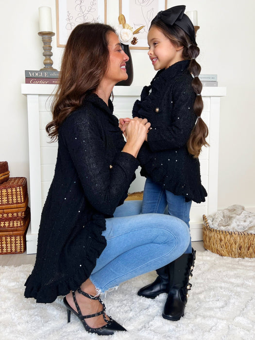 Mia Belle Girls Mommy and Me Classy Duo Black Blazer Ruffle Cardigan