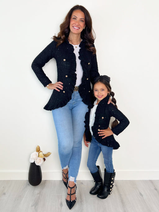 Mia Belle Girls Mommy and Me Classy Duo Black Blazer Ruffle Cardigan