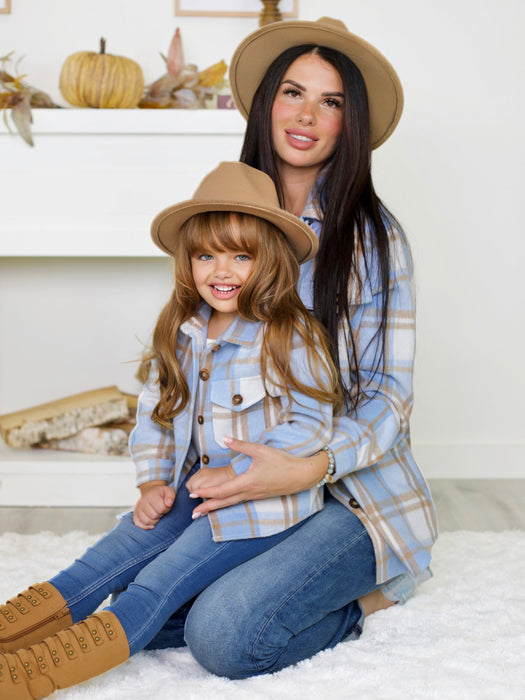 Mia Belle Girls Mommy and Me Blue and Tan Plaid Flannel Shacket