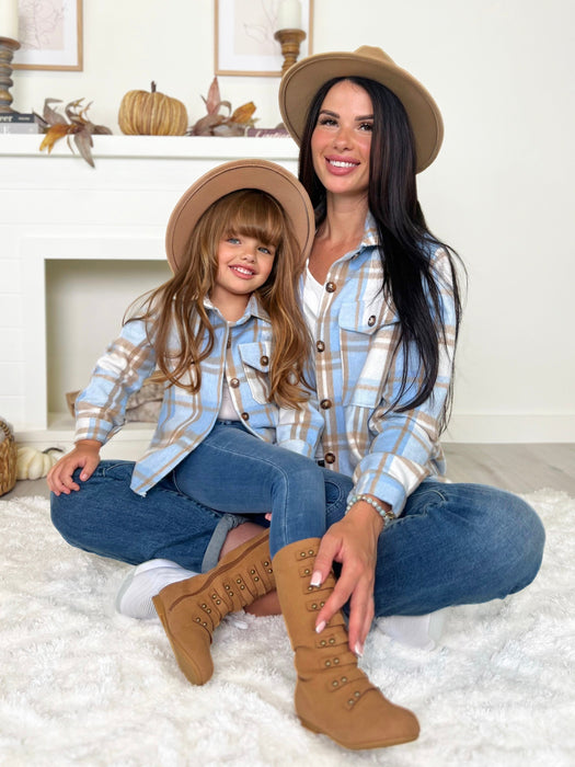 Mia Belle Girls Mommy and Me Blue and Tan Plaid Flannel Shacket