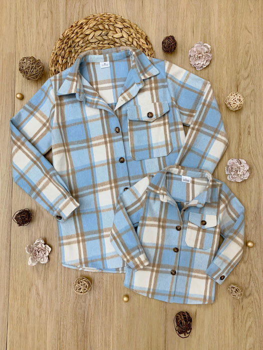 Mia Belle Girls Mommy and Me Blue and Tan Plaid Flannel Shacket