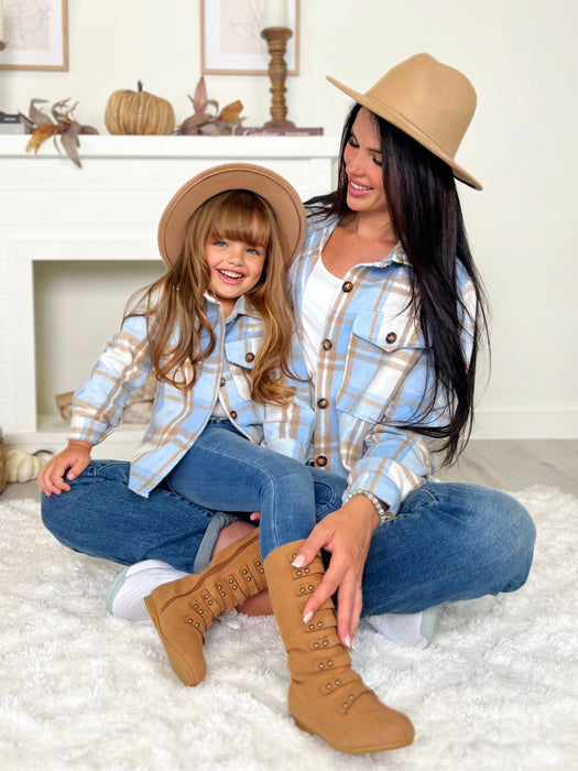 Mia Belle Girls Mommy and Me Blue and Tan Plaid Flannel Shacket