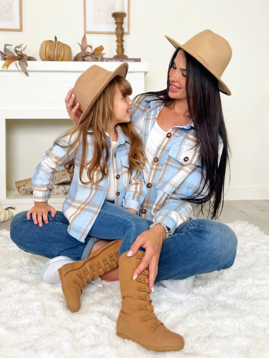 Mia Belle Girls Mommy and Me Blue and Tan Plaid Flannel Shacket