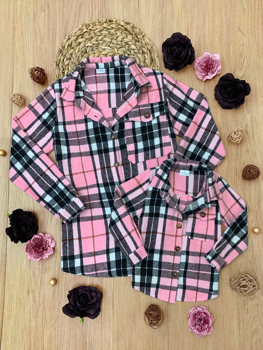 Mia Belle Girls Mommy and Me Pink and Black Plaid Flannel Shacket