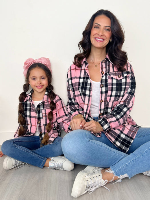 Mia Belle Girls Mommy and Me Pink and Black Plaid Flannel Shacket