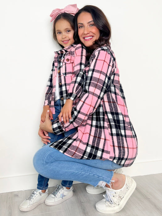 Mia Belle Girls Mommy and Me Pink and Black Plaid Flannel Shacket