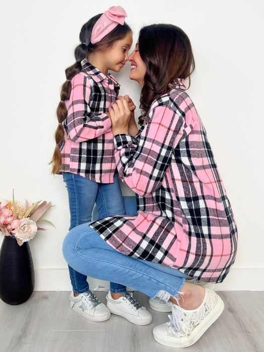 Mia Belle Girls Mommy and Me Pink and Black Plaid Flannel Shacket