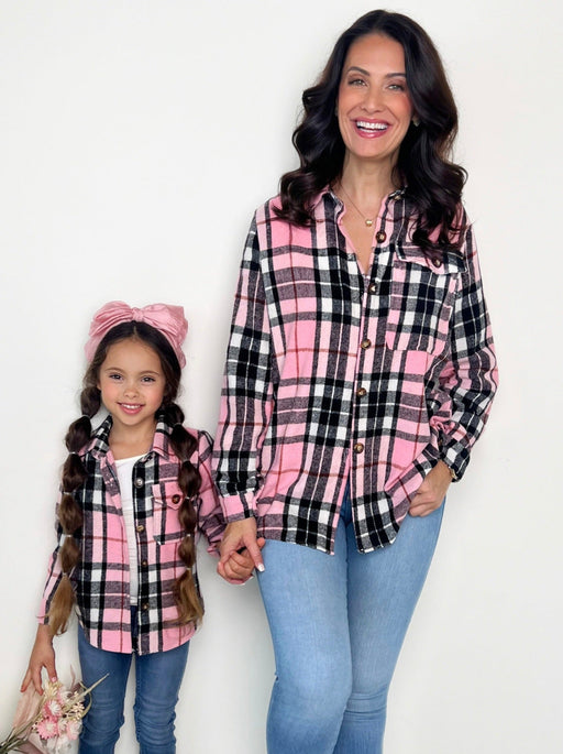 Mia Belle Girls Mommy and Me Pink and Black Plaid Flannel Shacket