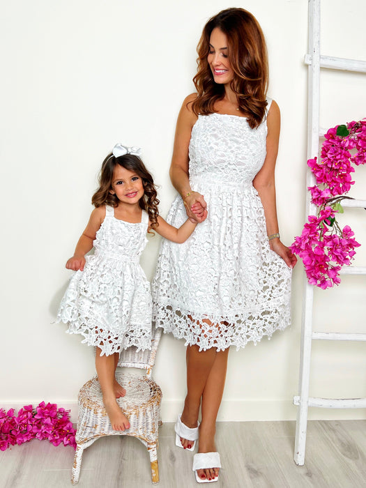 Mia Belle Girls Mommy and Me Lovely In White Eyelet Lace Dress