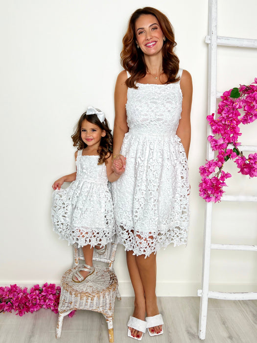 Mia Belle Girls Mommy and Me Lovely In White Eyelet Lace Dress