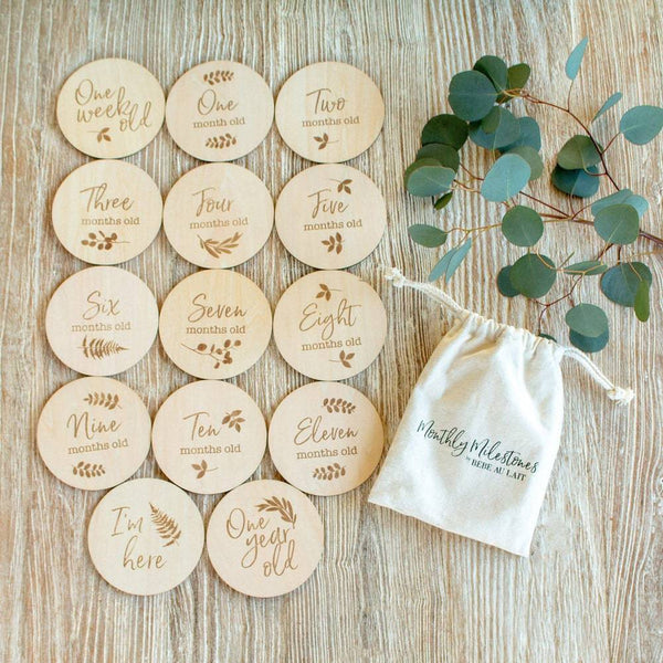 Bebe Au Lait® Monthly Milestone 14 piece Set Wooden Photo Disc Set