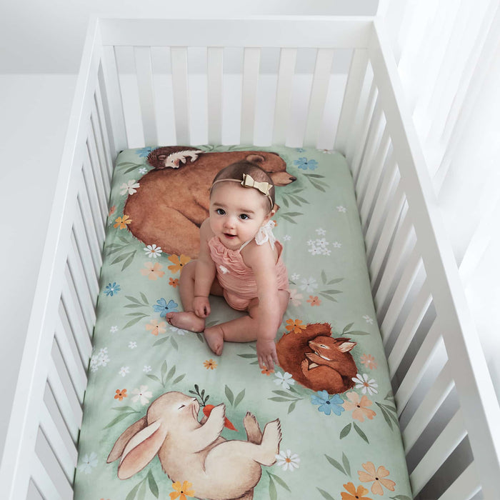 Rookie Humans Crib sheet and Swaddle bundle - Enchanted Meadow